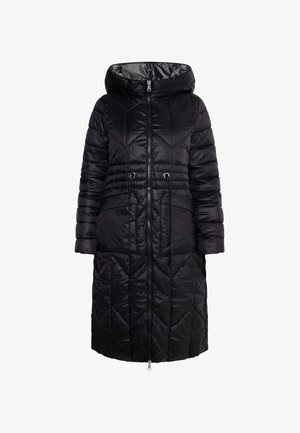 Schwarze Daunenjacke mit Kapuze, ausgestattet mit einem Reißverschluss, elastischem Kordelzug in der Taille und einem gesteppter Chevron-Muster über die gesamte Jacke.