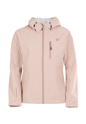 Light pink waterproof jacket with a hood, front zipper, chest pocket, and elastic cuffs. Smooth texture with subtle geometric design accents.