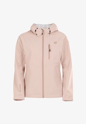 Veste imperméable rose clair avec capuche, fermeture éclair à l'avant, poche poitrine et poignets élastiques. Texture lisse avec des accents de design géométrique subtils.