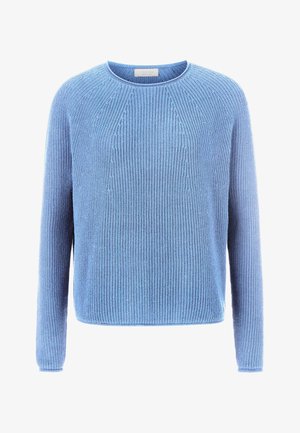 Hele helesinine kudum-sviiter ümmarguse kaelusega ja pikkade varrukatega. Omab ripskoes tekstuuri ja peent diagonaalset mustrit ees.