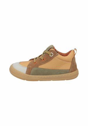 Child’s casual sneaker with tan, brown, olive green panels, lace-up front, and light brown rubber sole, shown in right profile.