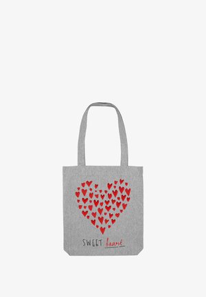 Borsa tote in tessuto grigia con motivo a cuore rosso formato da piccoli cuori. Presenta il testo nero "SWEET heart" in basso e manici di lunghezza media.