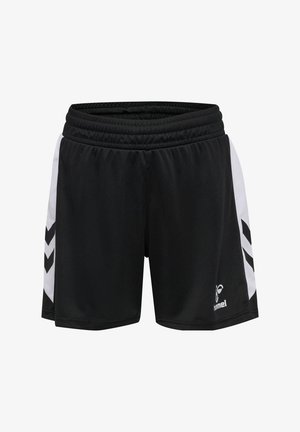 Sorte atletikshorts med elastisk talje, der har hvide sidelommer og chevrondetaljer. Fremstillet af let, glat stof.