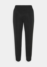 Czarne zwężane spodnie dresowe z elastycznym paskiem w talii, ściągaczami na nogawkach i gładką fakturą, zaprojektowane z myślą o komforcie i swobodzie ruchów.