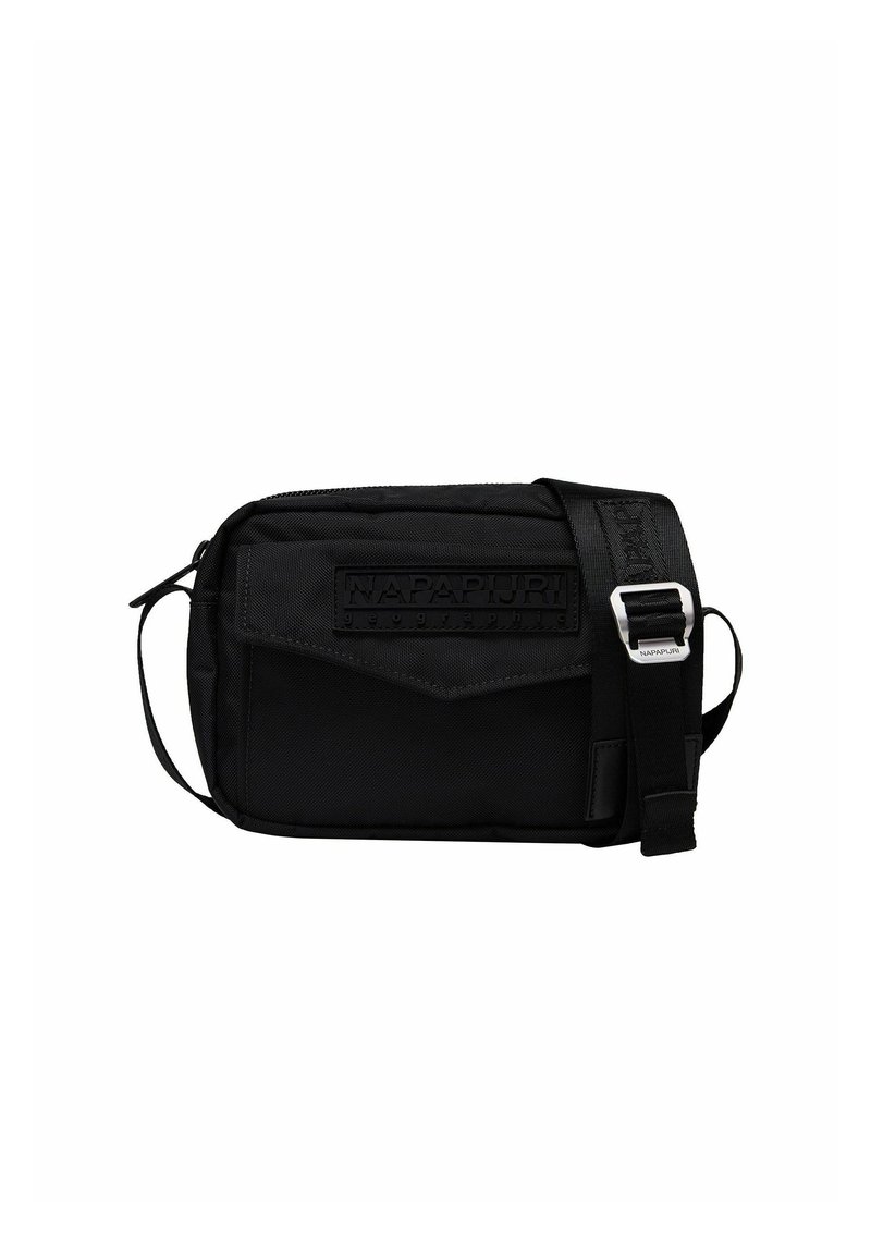 Borsa a tracolla nera realizzata in tessuto resistente, con chiusura con zip, tracolla regolabile e una patch del marchio testurizzata sul davanti.