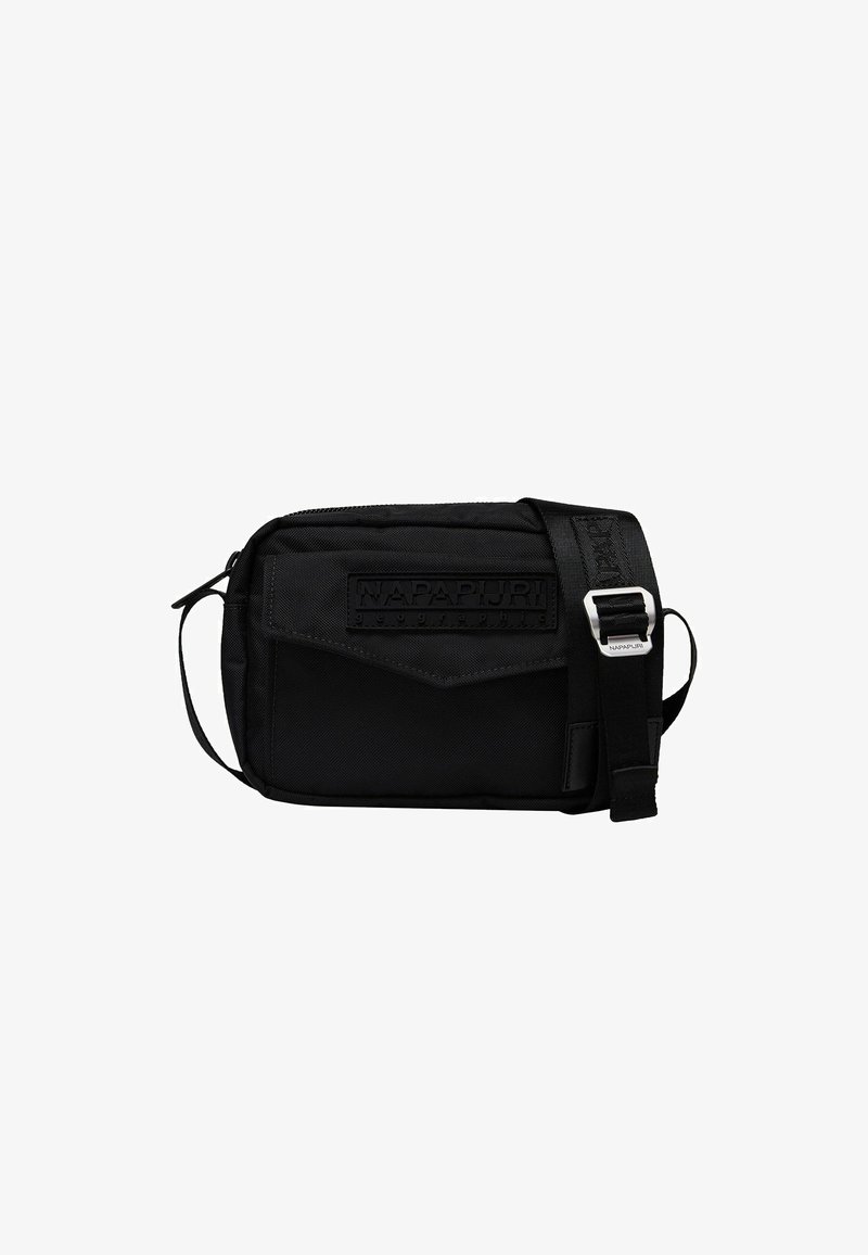 Borsa a tracolla nera realizzata in tessuto resistente, con chiusura con zip, tracolla regolabile e una patch del marchio testurizzata sul davanti.