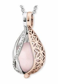 Anhänger aus Silber und Roségold mit einem pinken Stein, komplexem floralen Ausschnittdesign und verziert mit einer Reihe kleiner Edelsteine.