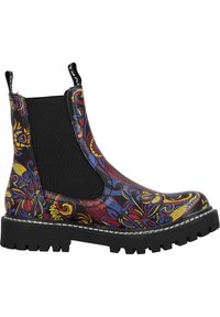 Chelsea boots med svart bas som har färgglada blommönster i röd, gul och blå. Tjock svart gummisula med dekorativ sömnad.