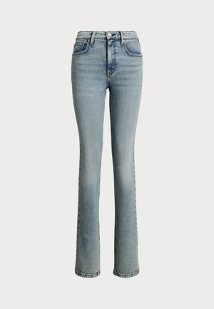 Jeans in denim azzurro chiaro con vita aderente, design a gamba dritta e un leggero effetto sbiadito. Presentano tasche anteriori e una classica chiusura a bottoni.