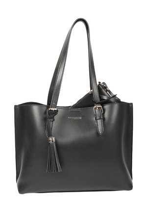 Sac cabas en cuir noir avec doubles poignées, boucles dorées, détail pompon et pochette zippée à l'intérieur.