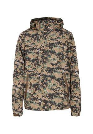 Takki, joka on naamioidun ruskean, vihreän ja mustan väri yhdistelmä. Varustettu vetoketjulla, säädettävällä hupulla ja sivutaskuilla. Valmistettu kevyestä ja kestävästä kankaasta.