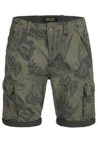 Cargo shorts i olivgrön med svart blommönster, med framknapp och dragkedjestängning, upprullade ärmar och sidofickor.
