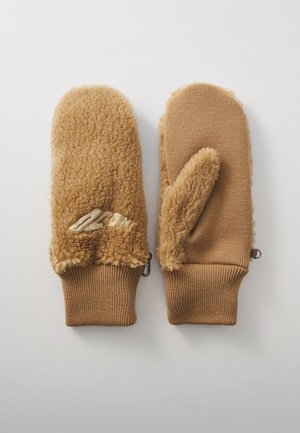 Tan votter laget av mykt, fluffy materiale med en ribbestrikket mansjett. Den ene votten har en løkke for festing. Distinktiv logo på den ene votten.