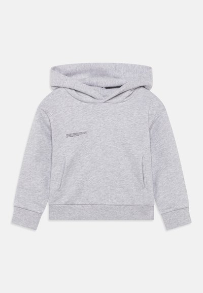 Gray cotton hoodie with a front pocket, ribbed cuffs, and a double-layered hood. Features a small text detail on the chest.