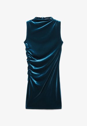 Ärmelloses, samtiges Minikleid in Smaragdgrün mit hohem Ausschnitt und Raffung auf einer Seite.