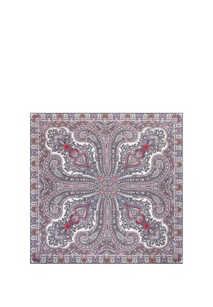 Square textile with symmetrical paisley design in gray, red, and blue tones, featuring curved lines and ornate floral motifs.