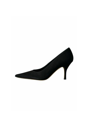 Black pointed-toe high heel shoe with a slim mid-height stiletto heel, shown from the side on a white background.