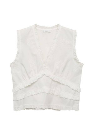 Vit ärmlös topp med djup V-ringning, lager av volanger längs fållen och axlarna, samt subtil broderi av blommor genom hela plagget.