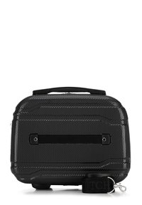 Zwarte harde reistas met textuur, rechthoekige vorm, bovenhandvat en afneembare riem met clip. Twee zichtbare bevestigingspunten.