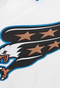 Stylized eagle head and wing patch with four bronze stars on white fabric, outlined in blue and black stitching.