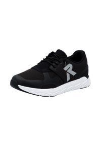 Black athletic shoe with mesh upper, white cushioning sole, dynamic design, and subtle grey logo accent on the side.