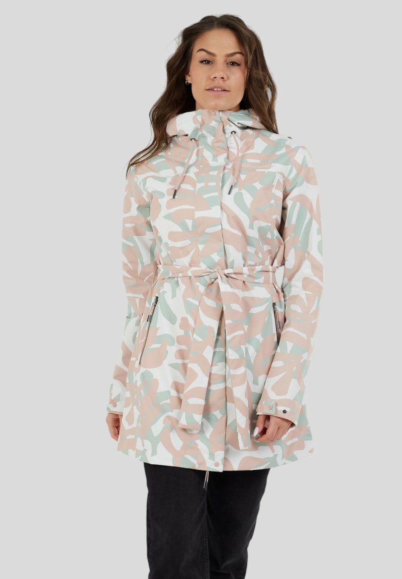 Chaqueta resistente al agua, con cinturón y un patrón botánico en colores pastel. Cuenta con capucha, bolsillos con cremallera y cintura ajustada.