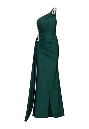 Robe asymétrique verde émeraude avec texture froncée, détail orné à l'épaule et fente haute sur la cuisse. Tissu lisse et extensible.