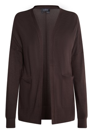 Bruine cardigan van lichtgewicht gebreide stof, met een open voorkant, twee voorzakken en geribbelde manchetten en zoom.