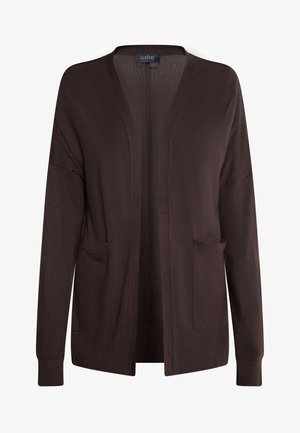 Pruun kardigan, mis on valmistatud kergest kudumifabrist, avatud esitusega, kahte esikotti ja soonikservadega varrukatega ning hemiga.