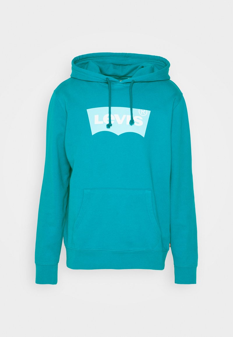 Sudadera verde azulado con un bolsillo frontal tipo canguro, capucha con cordón y un logotipo blanco de Levi's en el pecho, hecha de una tela suave.