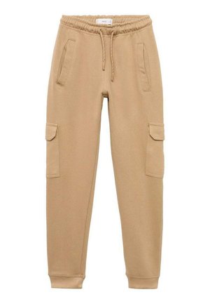 Pantaloni cargo jogger color sabbia con vita elasticizzata, coulisse, tasche laterali con pattina e tasche frontali inclinate.