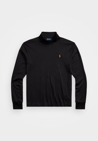 Svart långärmad turtle neck tröja i mjukt material, med en liten broderad logga på bröstet och åtsittande ärmar.