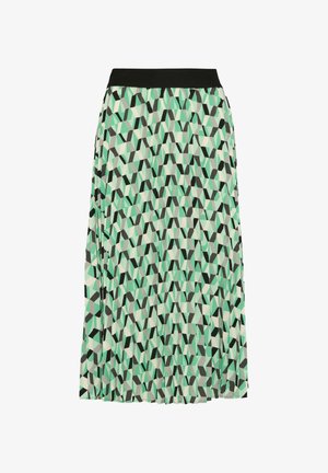 Plisowana spódnica z czarnym pasem, która ma geometryczny wzór w kolorach zielonym, czarnym i kremowym. Lekka tkanina o gładkiej fakturze.