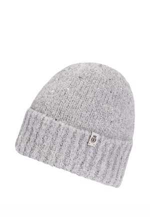 Light gray knitted winter hat with folded brim and small fabric label on front, featuring a textured pattern and subtle sparkly details.