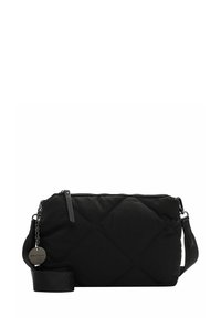 Black quilted bag made of nylon with a zip closure, detachable shoulder strap, and a silver hardware accent featuring a tag.