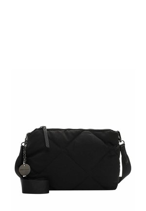 Black quilted bag made of nylon with a zip closure, detachable shoulder strap, and a silver hardware accent featuring a tag.