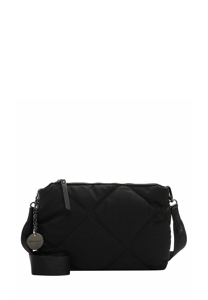Black quilted bag made of nylon with a zip closure, detachable shoulder strap, and a silver hardware accent featuring a tag.
