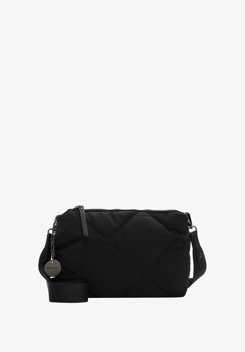 Black quilted bag made of nylon with a zip closure, detachable shoulder strap, and a silver hardware accent featuring a tag.