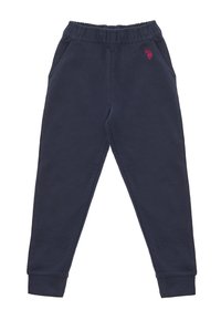 Pantaloni della tuta blu navy realizzati in tessuto morbido, con vita elastica, tasche laterali e un piccolo logo ricamato. Polsini alla caviglia.