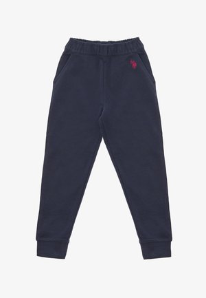 Pantaloni della tuta blu navy realizzati in tessuto morbido, con vita elastica, tasche laterali e un piccolo logo ricamato. Polsini alla caviglia.