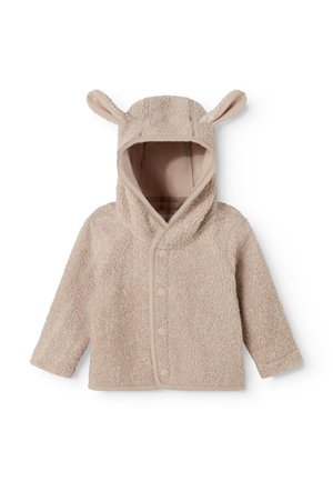 Veste beige pour tout-petit avec boutons-pression et capuche comportant des oreilles en tissu doux sur le dessus, fabriquée en matière peluche texturée.