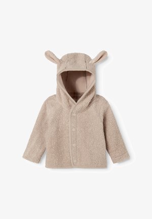 Beige peuterjack met drukknopen en een capuchon met zachte stoffen oren bovenop, gemaakt van gestructureerd pluche materiaal.