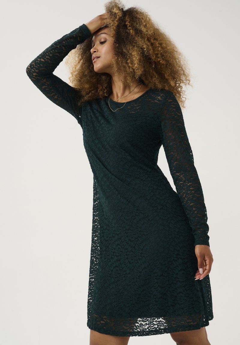 Robe en dentelle verte à manches longues, col rond et motif floral. La jupe tombe au milieu de la cuisse avec une silhouette fluide.