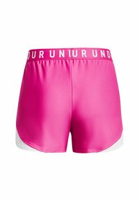Pantalones cortos deportivos rosas con un diseño de color sólido, cintura elástica con texto de logo y acentos laterales en blanco. Textura de tela suave.