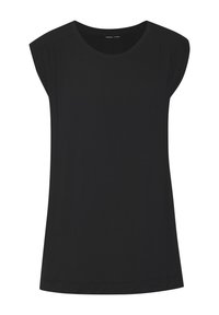 Must musta varrukateta tops, mis on valmistatud kerge kangast. Omab ümmargust kaelust ja pehmeid, langevaid õlgu ning sirget lõikega äärist.