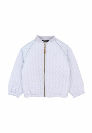 Lyse lilla quiltet jakke med zigzag-syning, elastiske manchetter og frontlynlås med lædertrækflig.