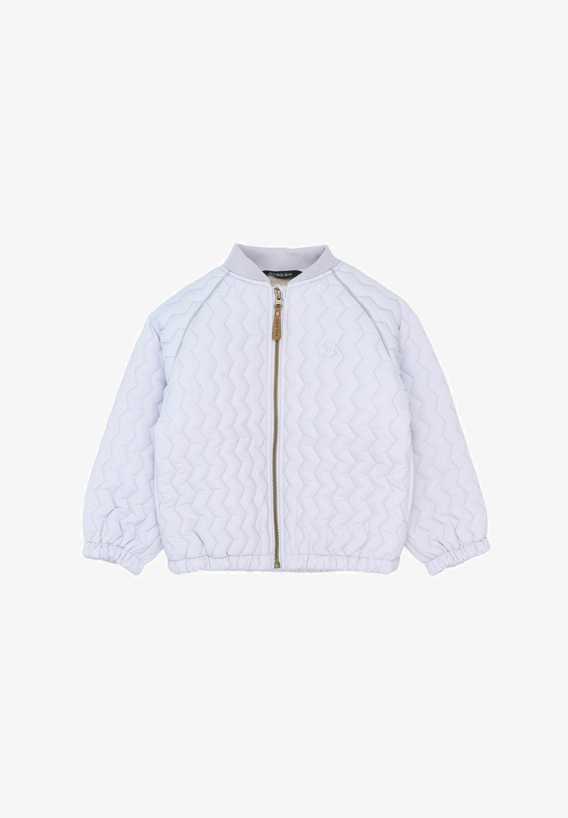 Veste matelassée violet clair avec surpiqûres en zigzag, poignets élastiques et fermeture éclair devant avec tirette en cuir.