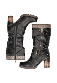 Schwarze Lederstiefel bis zur Mitte der Wade mit einem Holzblockabsatz, seitlichem Reißverschluss, dekorativen Riemen, Schnallen und einem gemusterten Stoffbesatz oben.