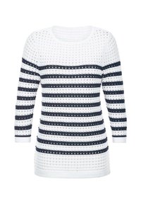 Weißer Strickpullover mit navyblauen horizontalen Streifen und einem strukturierten Muster aus kleinen Löchern, mit dreiviertellangen Ärmeln.
