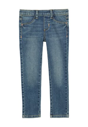 Blaue Jeans aus Denim mit geradem Schnitt, fünf Taschen und genähten Details. Leichte Ausbleichung an der Vorderseite und standardmäßiger Taillenbund mit Gürtelschlaufen.